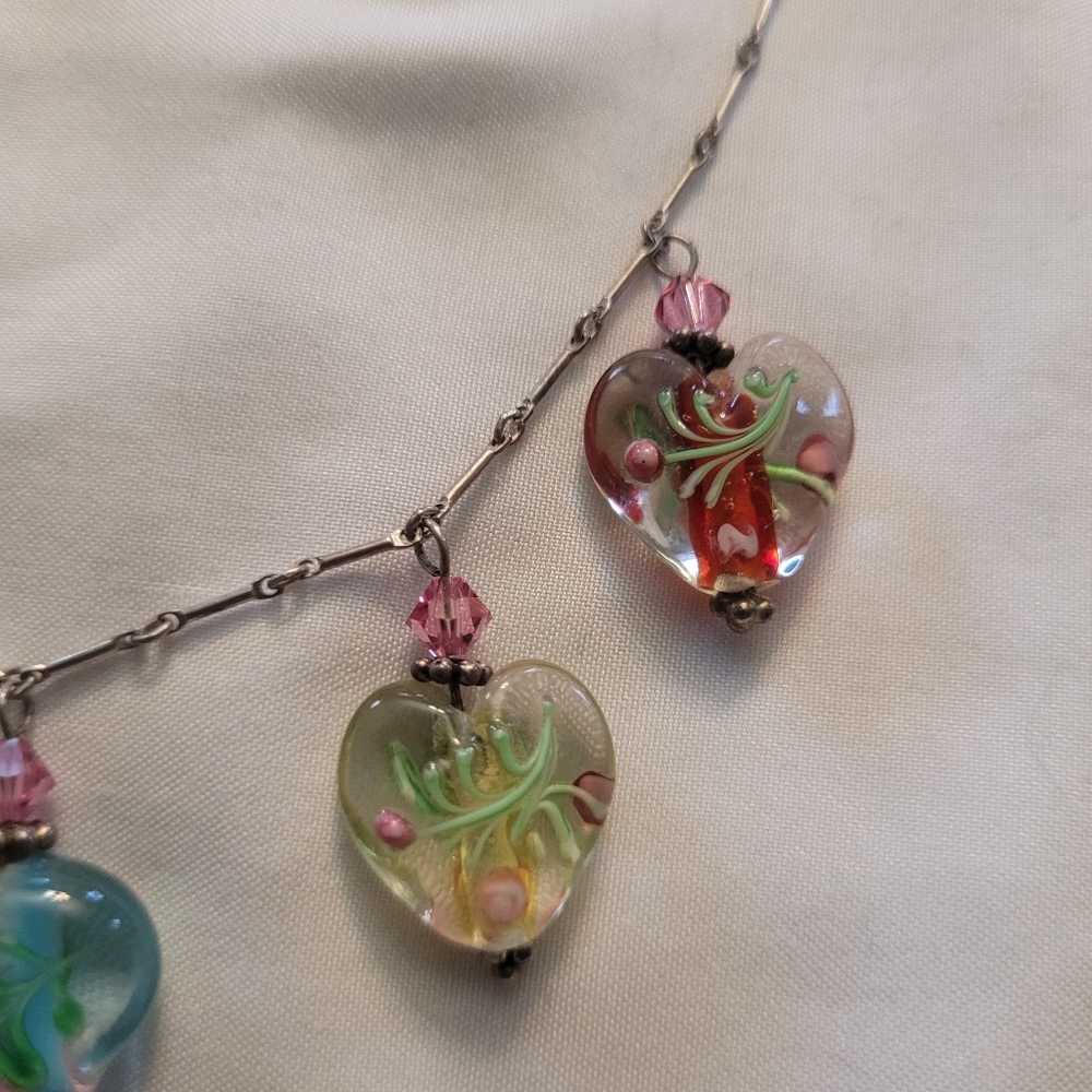 Vintage Sterling Venetian Murano Lampwork Heart Bead 925 Silver Charm Necklace - Picture 6 of 11